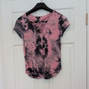 Rue21 Black and Pink Tie-Dye Criss-Cross Top